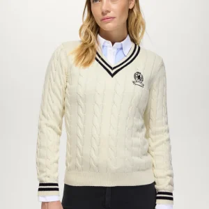 Maglione da Donna TH Roseville con scollo a V e lavorazione a trecce Ecrù